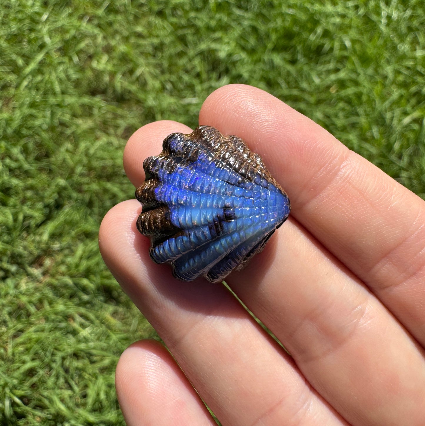 34.74 Ct fan shell boulder opal carving
