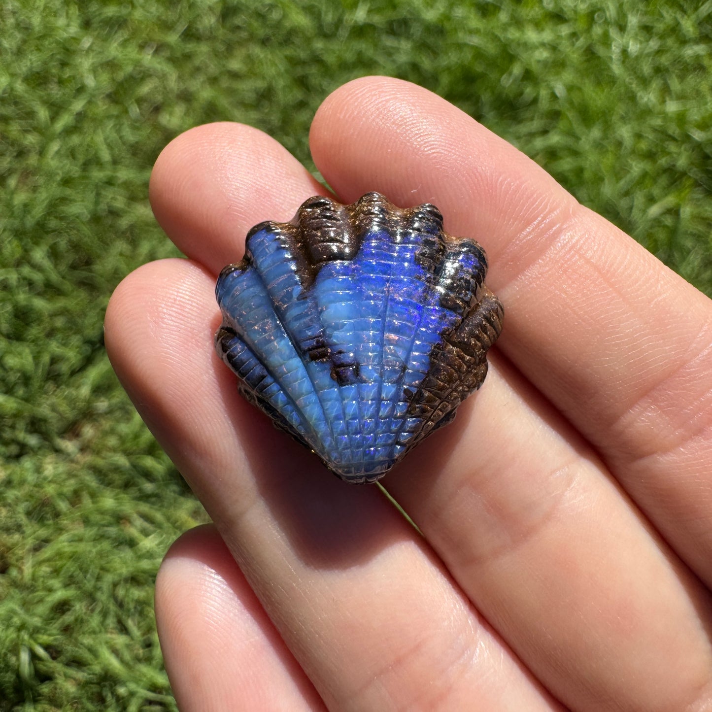 34.74 Ct fan shell boulder opal carving